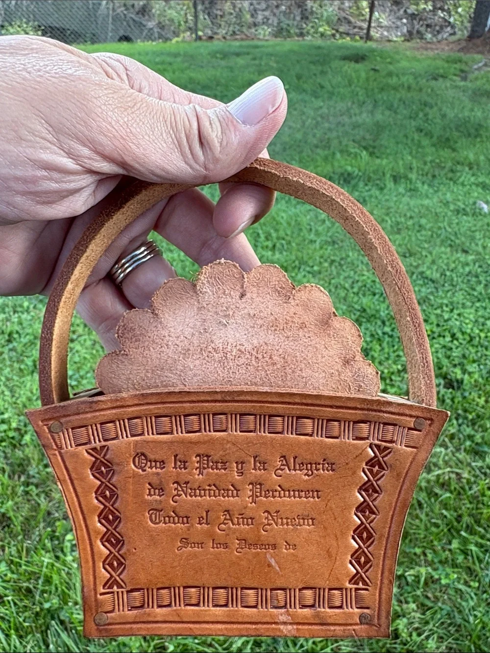 Hand-Tooled Brown Leather Basket coaster - Unbranded